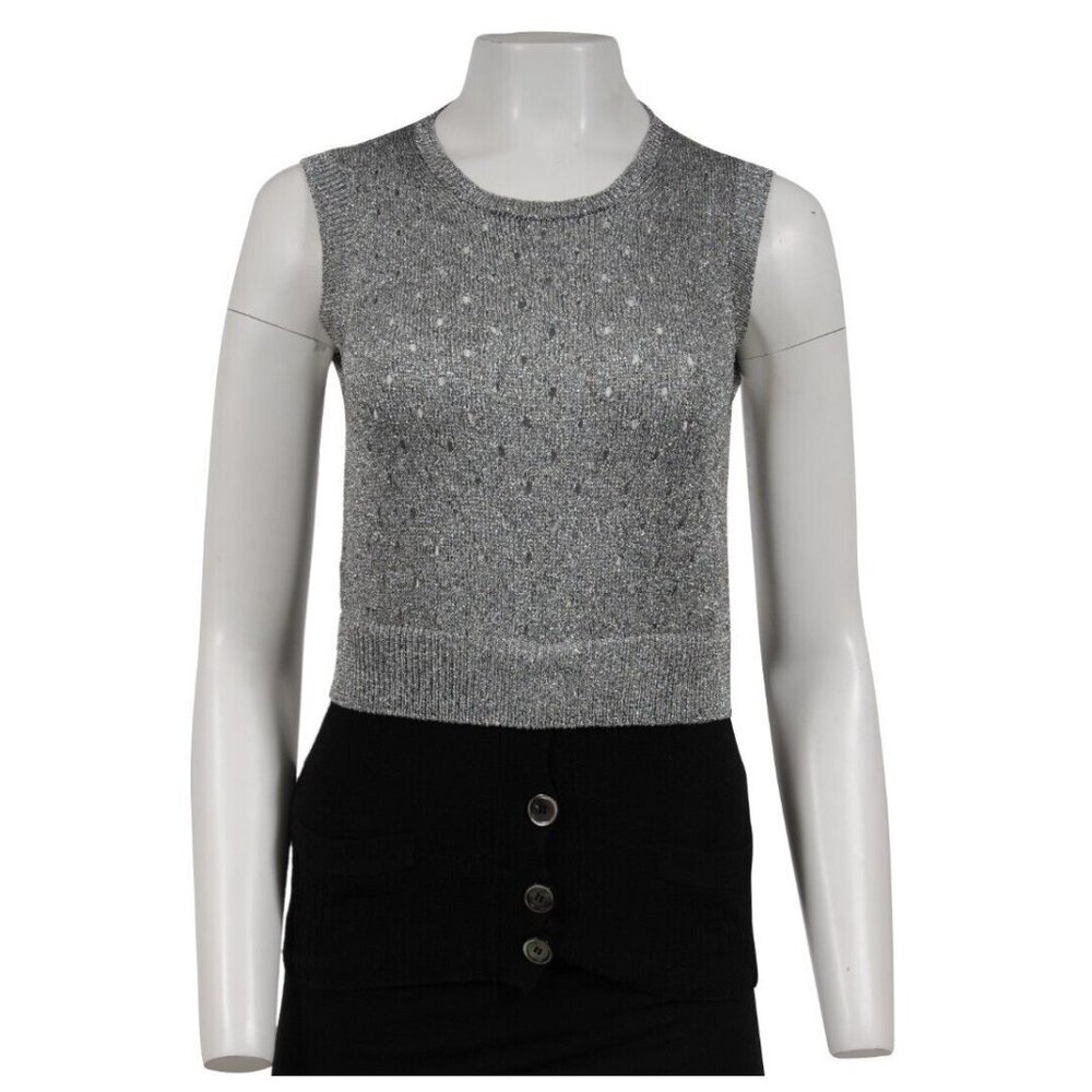 Louis Vuitton Women Sweater Vest Cardigan Small Metallic Silver Black Sleeveless